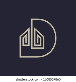 Initial letter D house logo concept. Simple line art style. Elegant logotype suitable for real estate business, realtor, construction developer, property market, apartment, housing and roofing, etc.