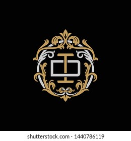 Initial letter D and I, DI, ID, decorative ornament emblem badge, overlapping monogram logo, elegant luxury silver gold color on black background