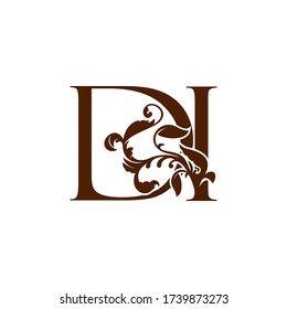 Lettre initiale D et I, logo de luxe DI, modèle monogramme de design vintage avec élément de feuilles de la nature tropicale.