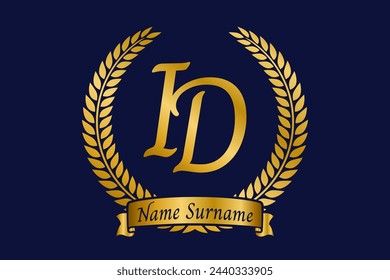 Initial letter I and D, ID monogram logo design with laurel wreath. Luxury golden emblem with calligraphy font.
