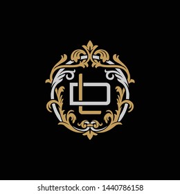 Initial letter D and L, DL, LD, decorative ornament emblem badge, overlapping monogram logo, elegant luxury silver gold color on black background