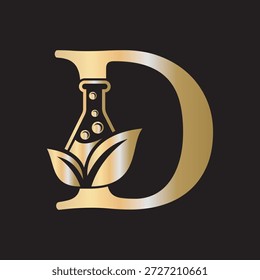 Letra inicial D desenho do logotipo de laboratório combinado com tubo de ensaio e símbolo de folha