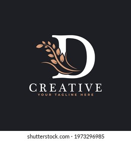Initial Letter D Linked Monogram Golden Laurel Wreath Logo. Graceful Design for Restaurant, Cafe, Brand name, Badge, Label, luxury identity