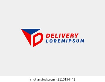 Initial Letter D Logo. Letter D with Blue and Red Geometric Paper Plane Arrow Up Origami Style isolated on White Background. Usable for Business and Delivery Logos. Flat Vector Logo Design Template