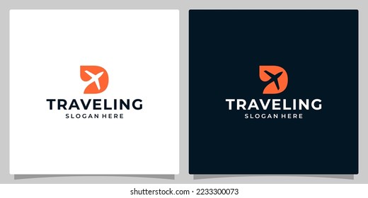 Plantilla de diseño del logotipo de la letra D inicial con diseño gráfico de viajes de aire. Ilustración vectorial de viajes. Icono del avión, símbolo, creativo.