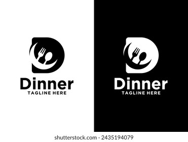 Initial Letter D logo design template Dinner and Restaurant Logo, initial D logo with combination of moon, spoon and fork for dinner logo	