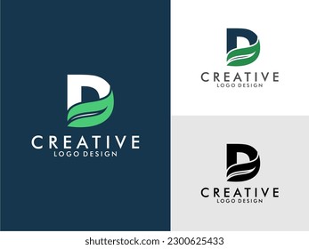 Initial Letter D Logo with Green Leaf vector on three color variations . Usable for Branding and Nature Logos. Flat Vector Logo Design Template Element