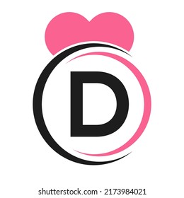 Initial Letter D Logo with Love Icon or Heart Sign In Modern Style Vector Template
