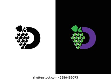 Logo de la letra inicial D. Letra D moderna y sencilla para el diseño del logotipo del símbolo de uva con hojas verdes.