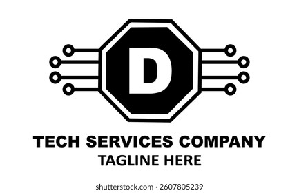 Initial letter D logo tech computer services company black colour vector illustration