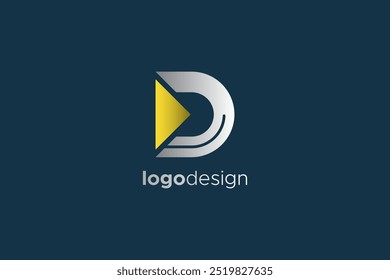 Initial Letter D Logo. White Geometric Shape D Letter Combined With Yellow Arrow Isolated On Blue Background. Flat Vector Logo Design Template Element Usable For Business and Branding Logos.