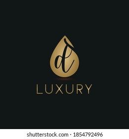 Initial Letter D in Luxury Golden Water drop / droplet icon. Cosmetic, salon, beauty, olive oil business logo vector concept