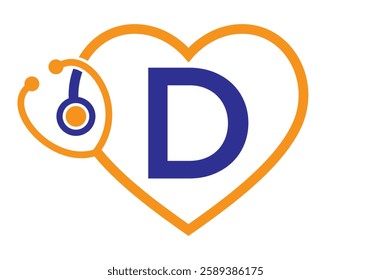 Initial Letter D Medical Logo Concept With Heart and Stethoscope Symbol For Healthcare and Medical Sign