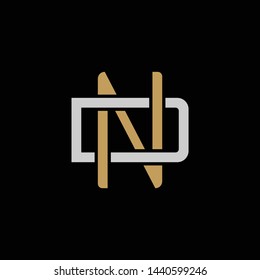 Initial letter D and N, DN, ND, overlapping interlock logo, monogram line art style, silver gold on black background