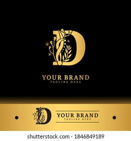 Initial letter D with natural logo vector concept element, letter D logo with floral ornament.