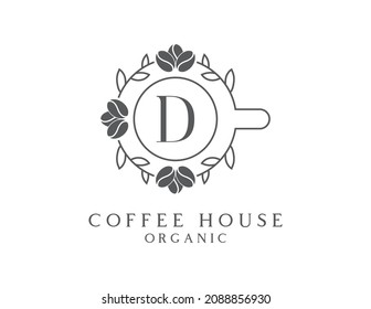 vector de diseño del icono del logotipo del café orgánico de la letra D inicial.
