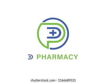 Anfangsbuchstaben D und P Logo. Geometrisches Formbuchstabe DP mit medizinischem Cross-Symbol. Für Logos aus den Bereichen Medizin, Pharmazie, Business und Branding geeignet. Flaches Vectordesign-Vorlagenelement.