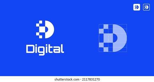 Initial Letter D Pixel Digital Technology Connection Connect Simple Vector Logo Design with Golden Ratio