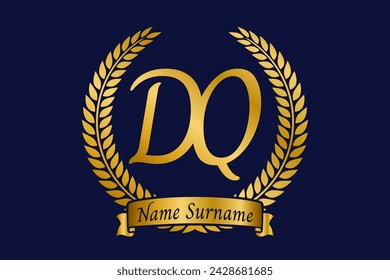 Initial letter D and Q, DQ monogram logo design with laurel wreath. Luxury golden emblem with calligraphy font.