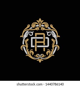 Initial letter D and R, DR, RD, decorative ornament emblem badge, overlapping monogram logo, elegant luxury silver gold color on black background