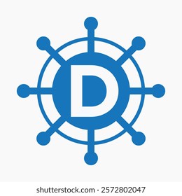 Initial Letter D Sailing Logo Design Vector Template Concept with Steering Ship Symbol