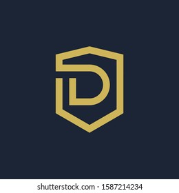 initial Letter D with Shield frame line art element. Shield Line geometry  for Security logo. Logo Icon Template for Web and Business Card, Letter Logo Template on Black Background. - vector