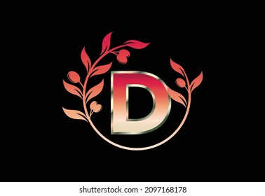 Initial letter D sign symbol with olive branch wreath, Round floral frame made by the olive branch