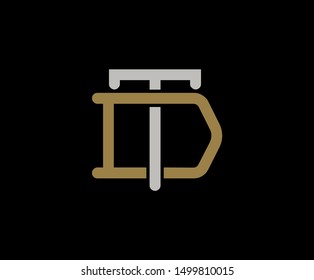 Initial letter D and T, TD, DT, overlapping interlock logo, monogram line art vintage style on black background