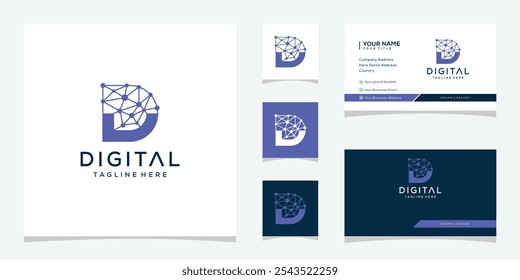 Initial Letter D Technology Connect Connection Circuit Board Vector Logo Design with Business Card