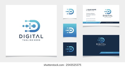 Initial Letter D Technology Connect Connection Circuit Board Vector Logo Design with Business Card