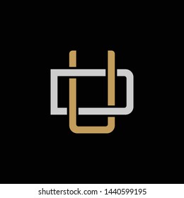 Initial letter D and U, DU, UD, overlapping interlock logo, monogram line art style, silver gold on black background