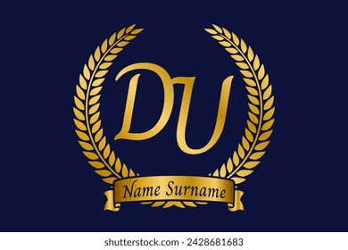 Initial letter D and U, DU monogram logo design with laurel wreath. Luxury golden emblem with calligraphy font.