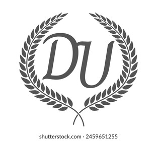 Initial letter D and U, DU monogram logo design with laurel wreath. Luxury calligraphy font.