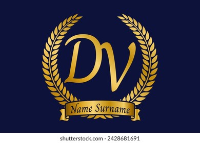 Initial letter D and V, DV monogram logo design with laurel wreath. Luxury golden emblem with calligraphy font.