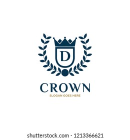 Initial Letter D Vintage Logo Design with Crown, Shield adn Wheat Illustration