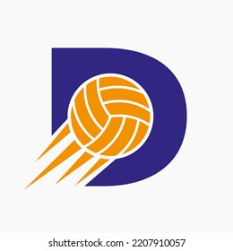 Initial Letter D Volleyball Logo Concept With Moving Volley Ball Icon. Volleyball Sports Logotype Symbol Vector Template