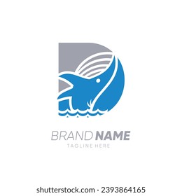 Initial Letter D Whale Jumping in the Water Logo Design Vector Icon Graphic Emblem Illustration