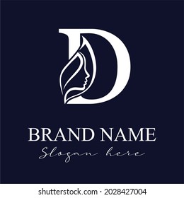 Initial Letter D With Woman Female Face and Leaves for Beauty Spa Cosmetic Salon and natural Skin care Business Logo Concept Design