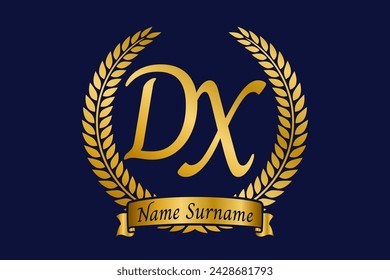 Initial letter D and X, DX monogram logo design with laurel wreath. Luxury golden emblem with calligraphy font.