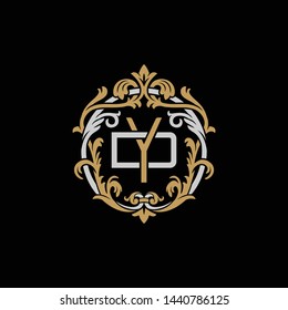 Initial letter D and Y, DY, YD, decorative ornament emblem badge, overlapping monogram logo, elegant luxury silver gold color on black background