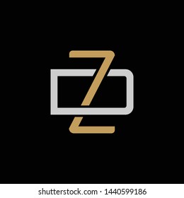 Initial letter D and Z, DZ, ZD, overlapping interlock logo, monogram line art style, silver gold on black background