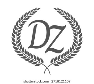 Letra inicial D y Z, diseño del logotipo del monograma DZ con corona de laurel. Fuente de caligrafía de lujo.