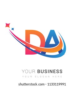 initial letter DA logotype company name colored orange, red and blue swoosh star design. vector logo for business and company identity.