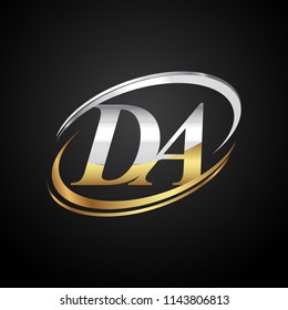 initial letter DA logotype company name colored gold and silver swoosh design. isolated on black background.