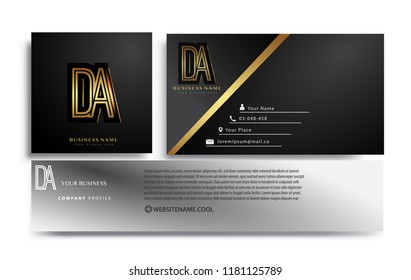 initial letter DA logotype company name colored gold elegant design. Vector sets for business identity on black background.