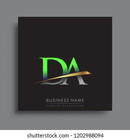 initial letter DA logotype company name colored green and gold swoosh design. vector logo for business and company