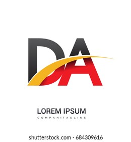 initial letter DA logotype company name colored red, black and yellow swoosh design. isolated on white background.
