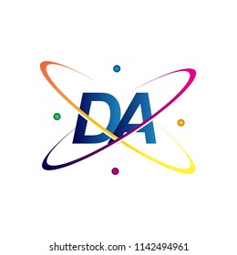 initial letter DA logotype science icon colored blue, red, green and yellow swoosh design. vector logo for business and company identity.