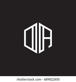 Initial letter DA, OA, minimalist line art monogram hexagon shape logo, white color on black background