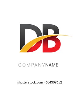 initial letter DB logotype company name colored red, black and yellow swoosh design. isolated on white background.
